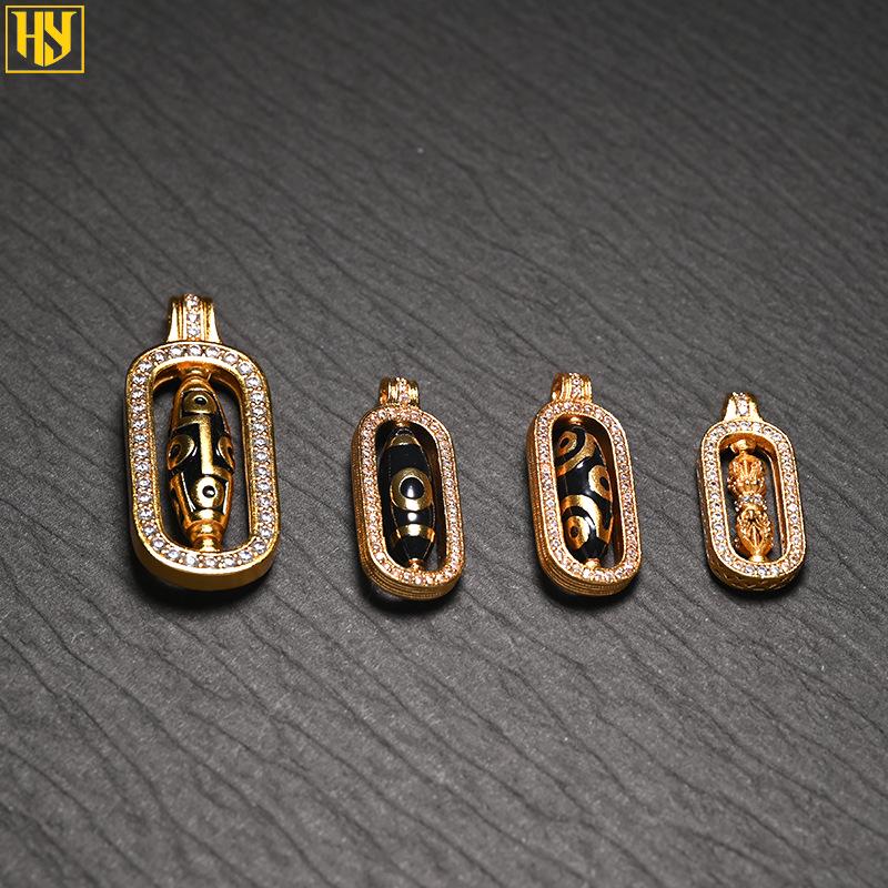 24k Gold-Plated Tibetan Nine-Eyed Dzi Bead Pendant Necklace with Zircon Inlay