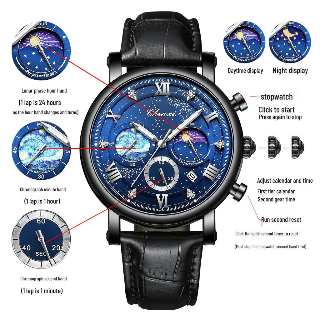 Dawn Sun Moon Stars Multifunctional Men's Quartz Watch with Luminous Moon Phase Chronograph