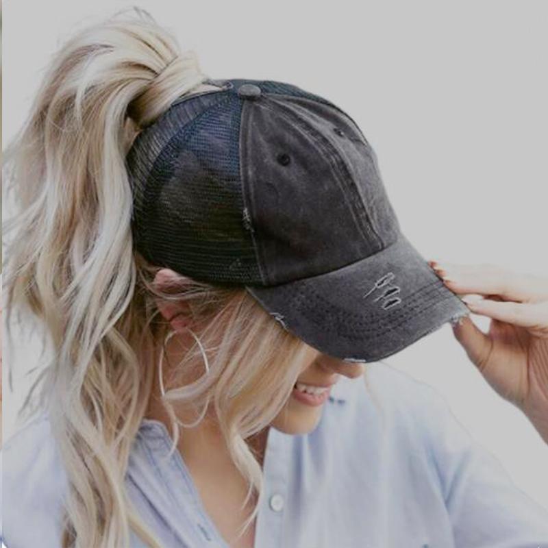 Vintage Ponytail Baseball Cap Women izable Fit Snapback Hat Mesh Distressed Summer Cap Woman Sunhat