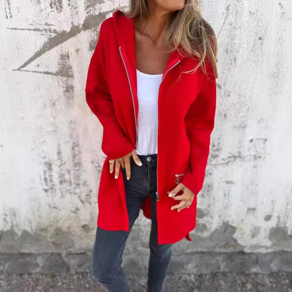2025 Europe & America Autumn/Winter Women's Solid Color Casual Zipper Hooded Jacket