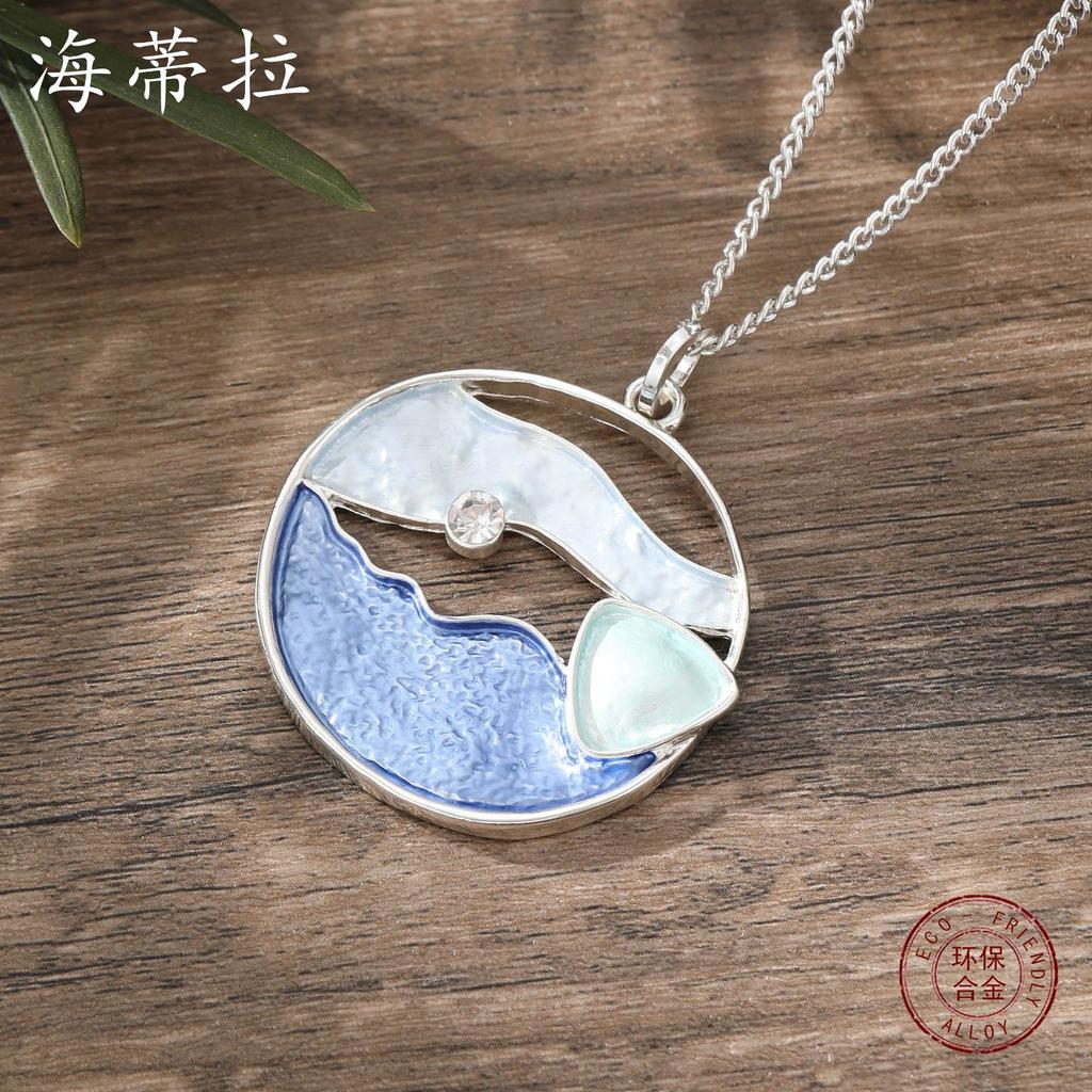 New Color Painting Oil Round Hollow Wave Beach Pendant, Summer Small Fresh Women's Versatile Necklace