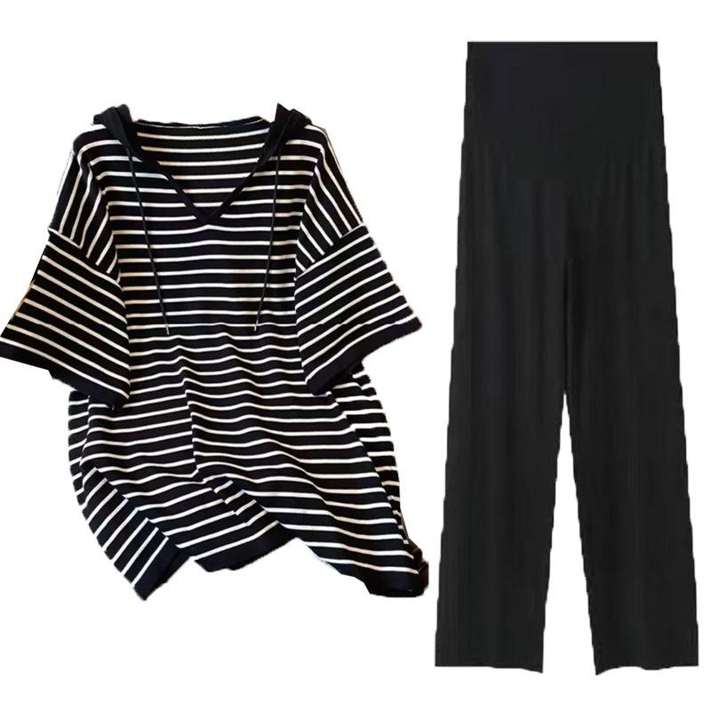 Maternity Clothes Summer Large Size Striped Medium-sleeved Hooded Mi To Cover the Belly and Look Thin Without Showing Off the Trendy Shirt