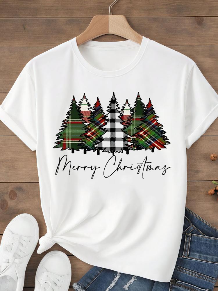 (Asian Size) Tee Top festival  Merry Christmas tree style happy  New Year Holiday Women Print Lady Short Sleeve Fashion Graphic T-shirts