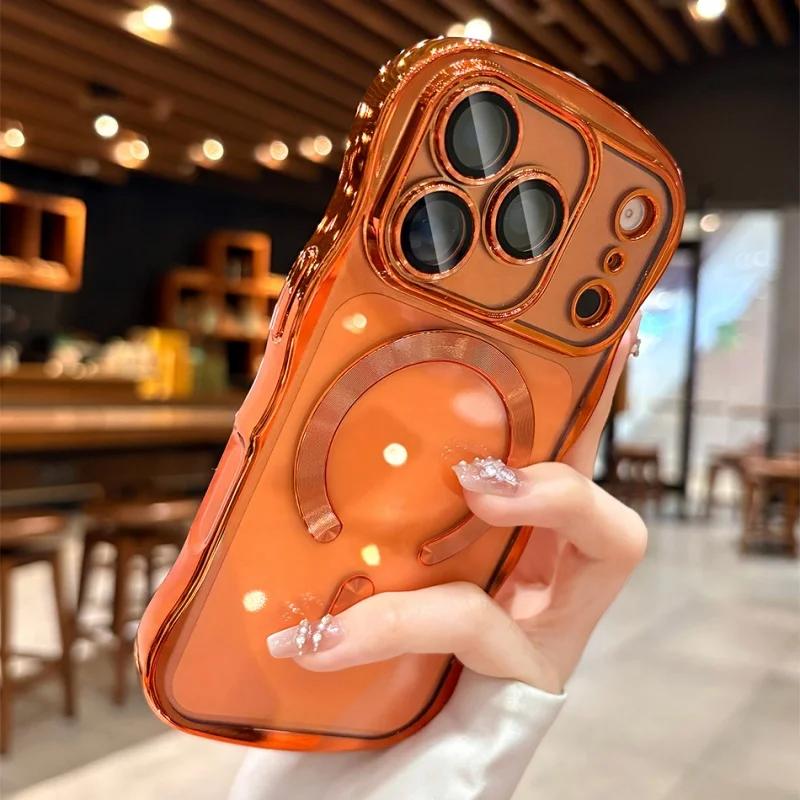 Plating Curly Wavy Transparent Magnetic Case For iPhone 17 16 14 15 13 Pro Max For Magsafe Charging Silicone Soft Bumper Cover