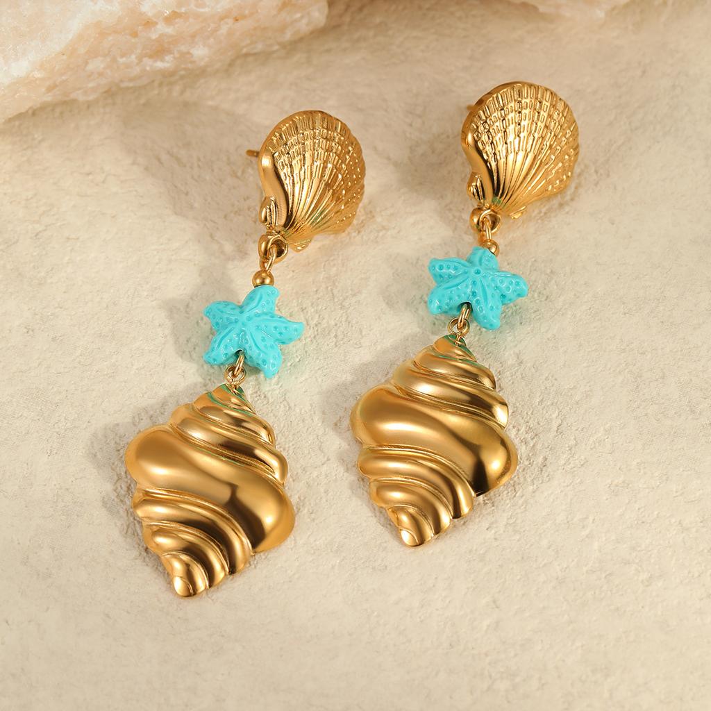 GEMCHIC Women's Summer Ocean Style Drop Earrings Gold Plated Conch Shell & Starfish Dangle Earrings Beach Vacation Jewelry