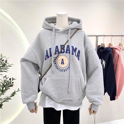 Sudadera con capucha de terciopelo grueso para mujer - Otoño/Invierno, estilo coreano, estampado de letras moderno, corte holgado, tallas grandes disponibles