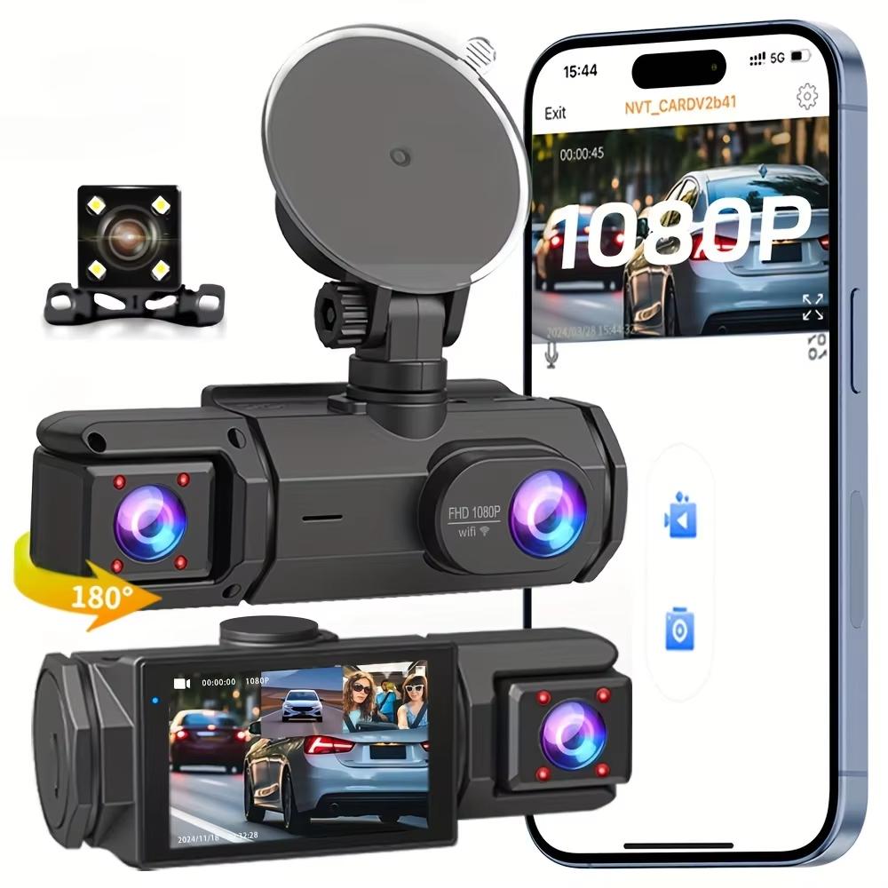 Dash Cam a 3 Canali WIFI CAR DVR 1080P 3 Obiettivi Dash Cam per Interno Veicolo Tripla Telecamera DVR Registratore Video Registratore Videocamera