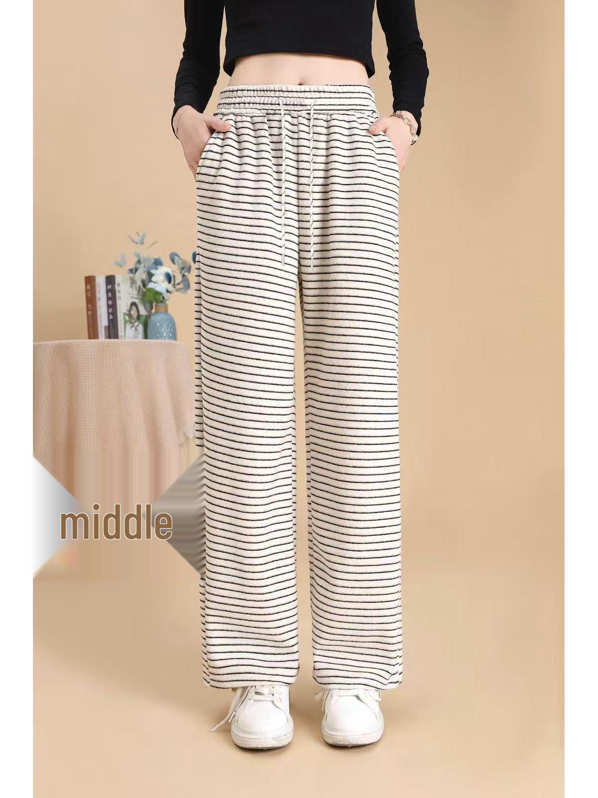 

2025 Women s Autumn Striped Towel Terry High-Waist Slimming Wide-Leg Casual Pants 3XL бежевий