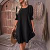 Women's Summer Cotton Linen Dress Casual Crew Neck Short Sleeve Midi Dress Beach Vacation Ruffle Hem Loose Dress