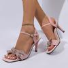 Fashion Pink Bowtie Decor High Heels Sandals for Women Shiny Sequin Thin Heeled Party Shoes Plus Size Ankle Buckle Square Toe Sandals