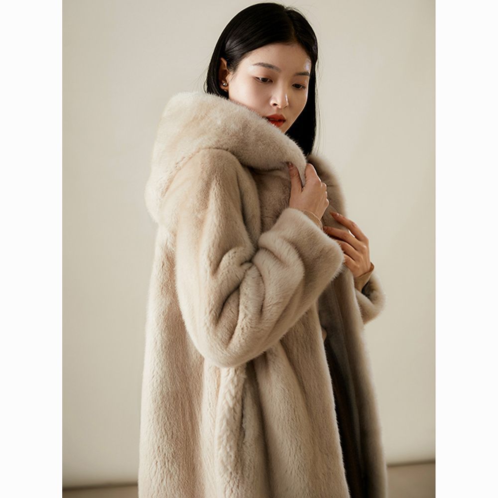 Autumn and Winter New Imitation Mink Fur Coat Women's Hooded Medium and Long Imitation European Mink Fur Coat Light