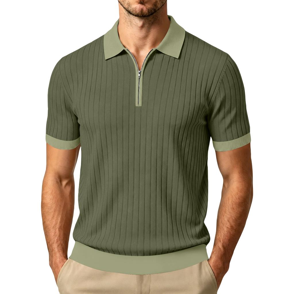 Men's Summer Short Sleeve Polo Shirt Ribbed Knit Half Zip Collar Casual Lightweight Breathable Pullover Top for Everyday Wear