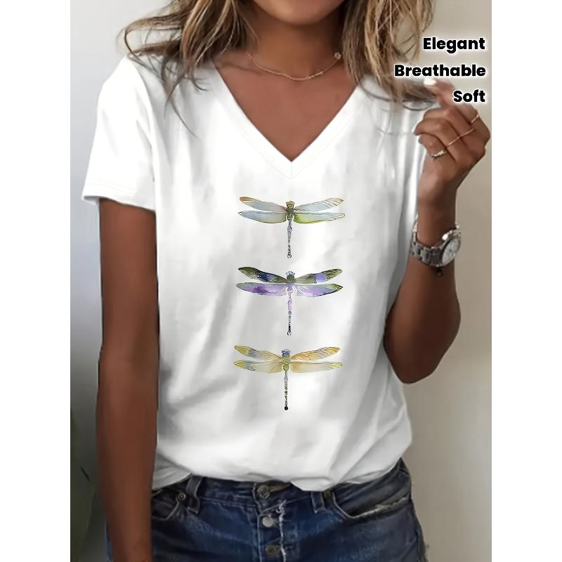 Watercolor Dragonfly Print V-Neck White Tee: Breathable Soft Casual Short-Sleeve Top for Women XXL белый