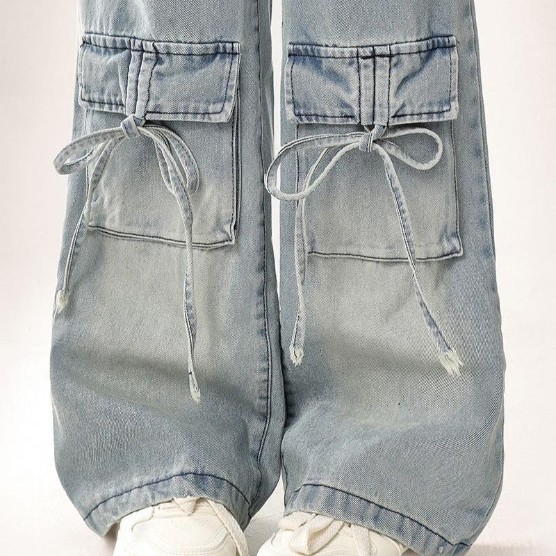 American Retro Love Heart Embroidery Utility Jeans Plus Size Unique Hot Girl Loose Slim Wide Leg Long for Women