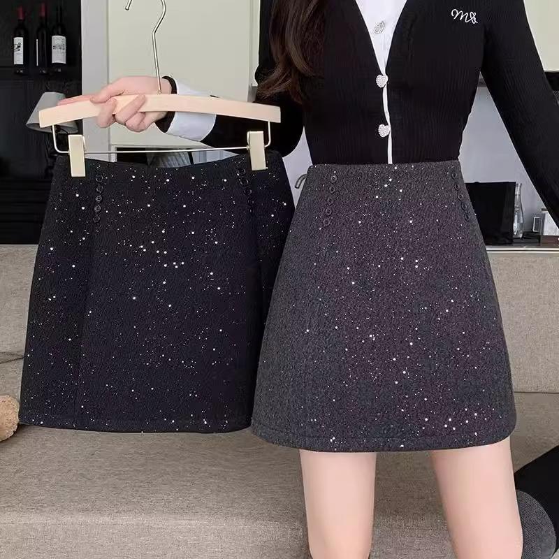 

2024 Autumn/Winter Plus Size Korean Chic Sequin Wool Midi Skirt 2XL