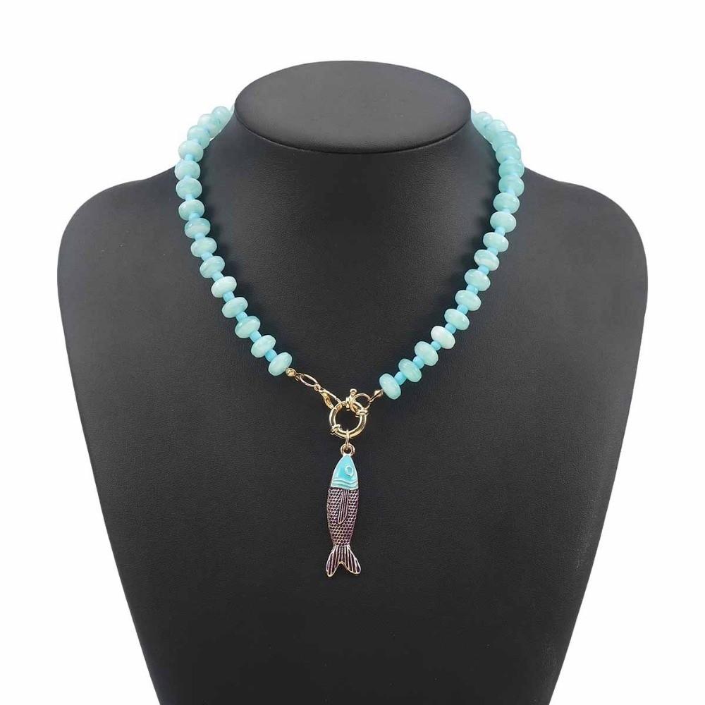 Colored Stone Small Fish Pendant Necklace Bohemian Fish-shaped Charms Jewelry Beads Necklace Women