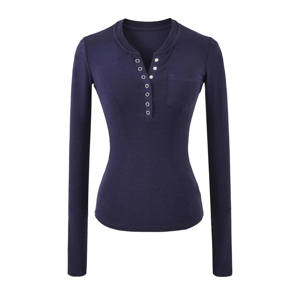 Women's Spicy American Button-Down Stand-Up Collar Faux Cashmere Slim Fit Base Layer Long Sleeve Top for Fall/Winter