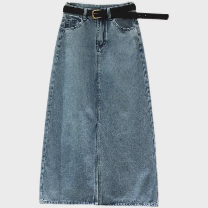 High-Waist A-Line Denim Skirt for Women - Split Design, Medium To Long Length, Perfect for Spring, Summer, and Autumn