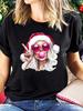 1pc Women's Anime Christmas Graphic T-Shirt - Cute Anime Girl with Santa Hat & Pink Heart Glasses, Blowing Bubble Gum & Hearts Print, Black Crew Neck
