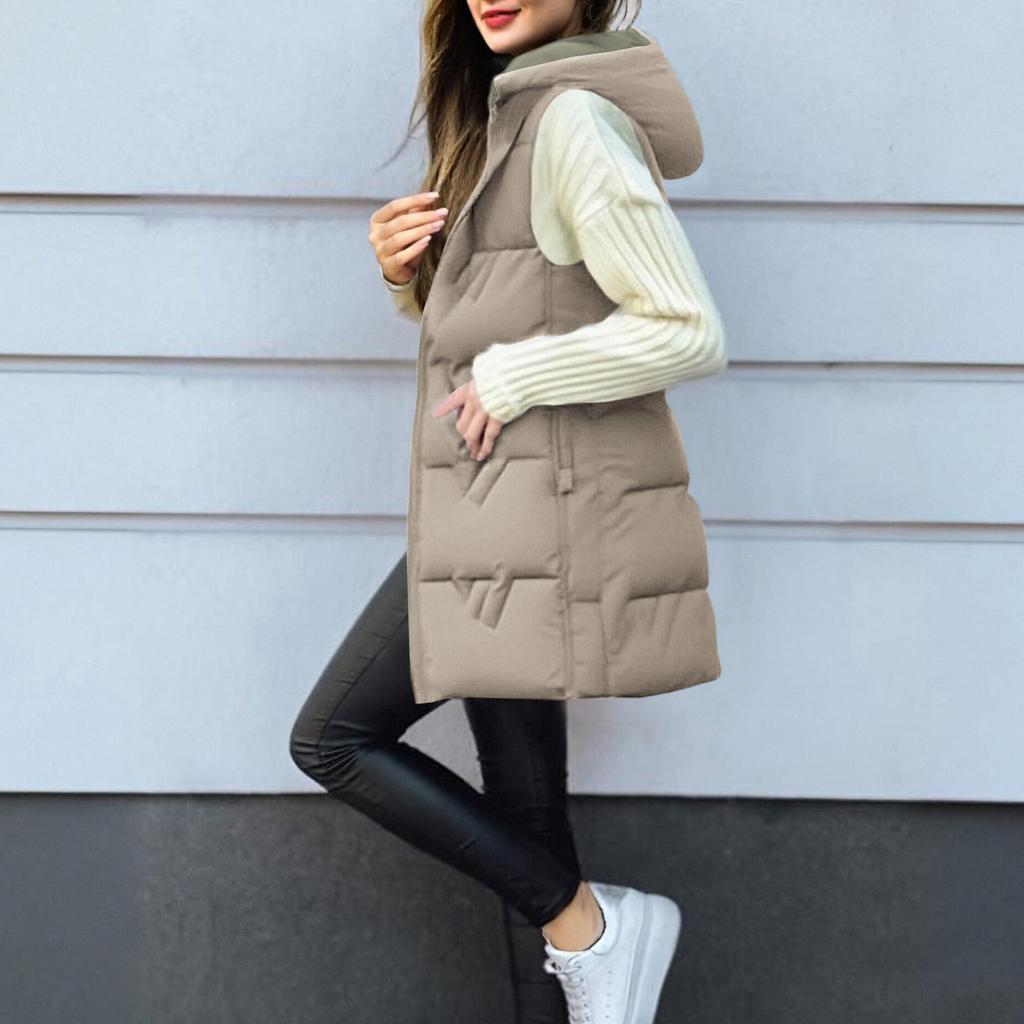 Women's Long Vest Plain Sleeveless Hood Winter Vest Outwear Jacket Lightweight Warm Coat Outerwear