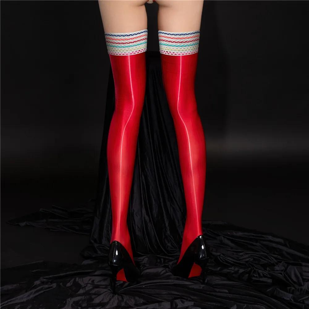 Fashion Women Laopard Stockings Rainbow Stripe Shiny High Stockings Vintage Glossy Tight Shaping Elastic Maid Stockings