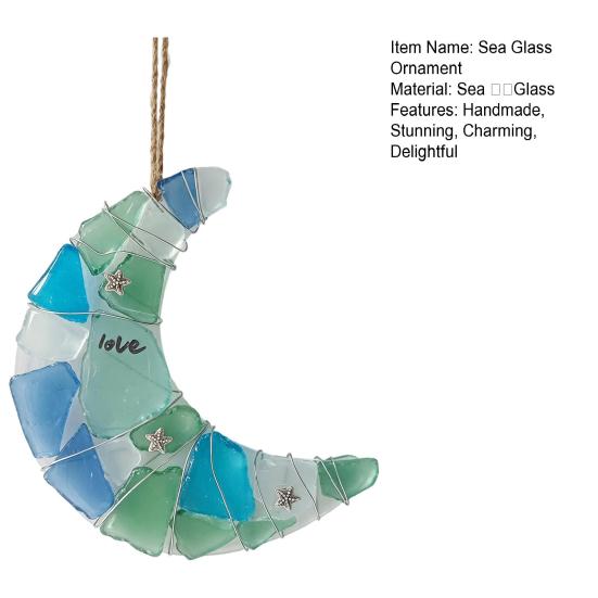 Handmade Moon Shape Sea Glass Ornament Coastal Style Crescent Moon Hanging Decoration for Tree Holiday Home Decor Gift for Beach Lovers