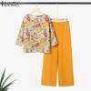 ZANZEA Women 3/4 Sleeve Print Blouse and Pants Casual Two Piece Suit Sets