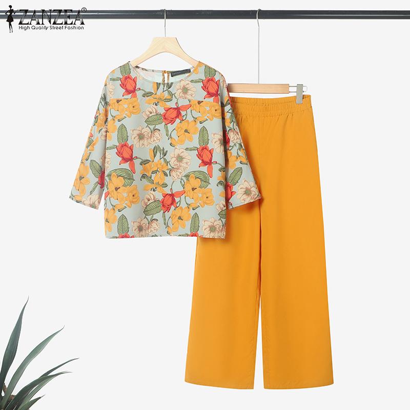 ZANZEA Women 3/4 Sleeve Print Blouse and Pants Casual Two Piece Suit Sets