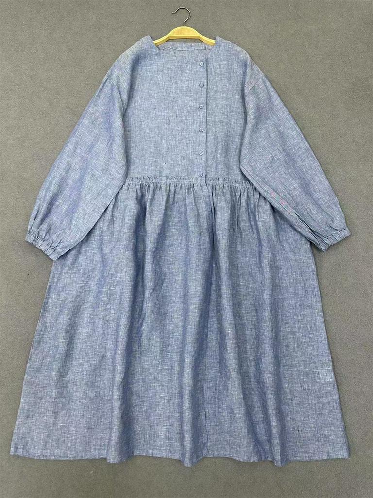 Johnature Spring Autumn Round Neck Ruffled Dress For Women Loose Casual Vintage Dress For Women