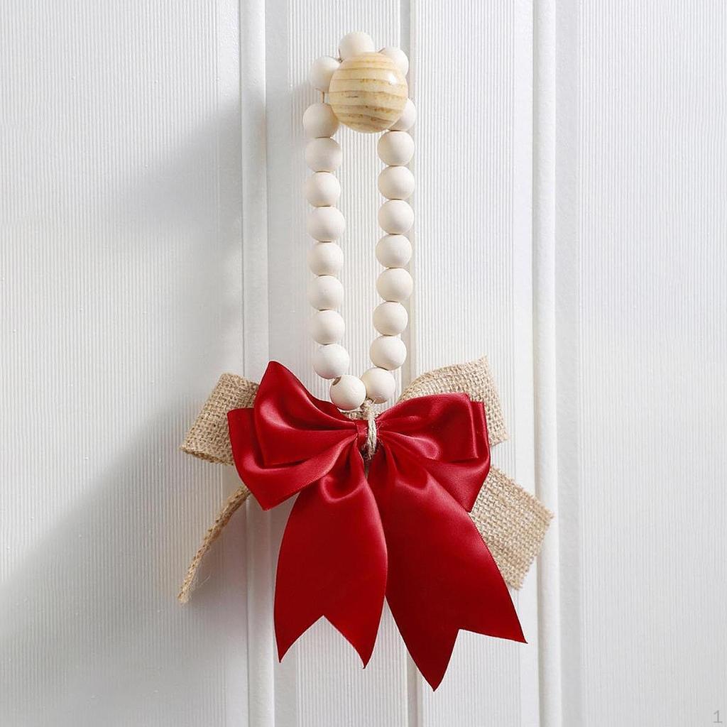 Wood Bead Pendant Home Decor Farmhouse Decorative with Linen Bow Hanging Ornament for Room