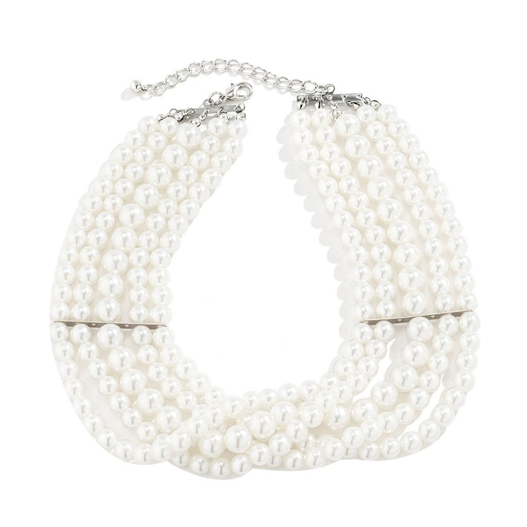 Pearl Collar Necklace Women Bohemian Style Vintage Multi Strands Necklace for Party White K 4778 Free Size