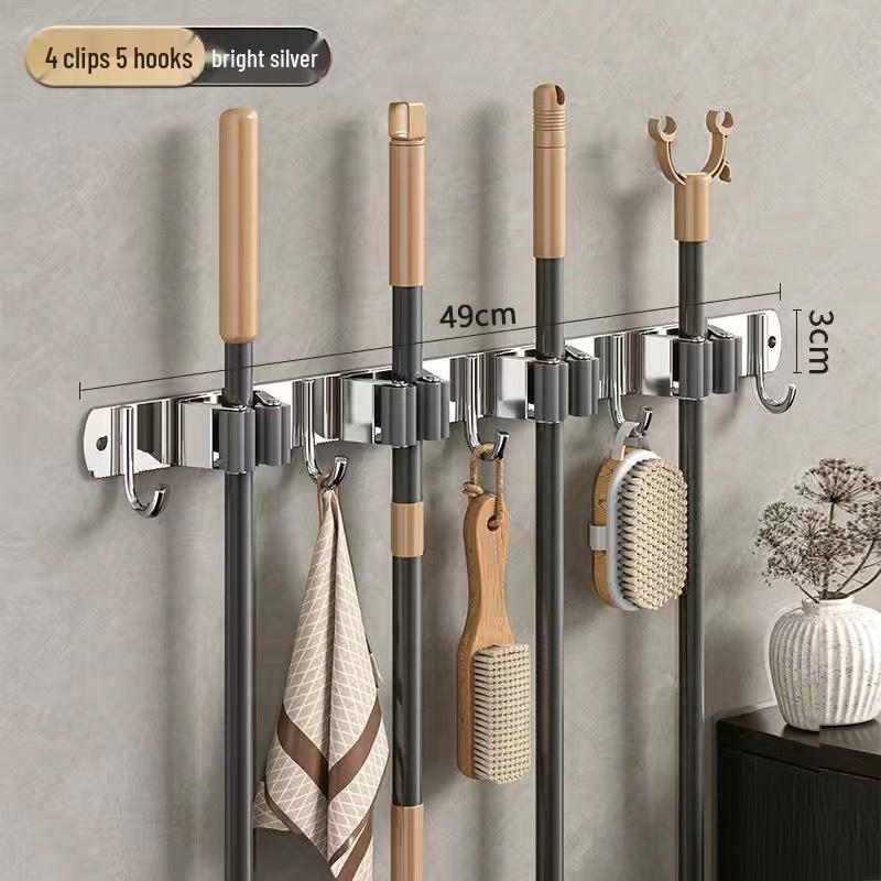 Stainless Steel No-Drill Mop & Broom Wall Mount Hanger
