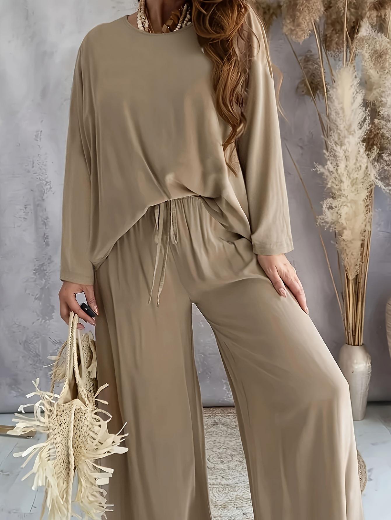 

Весенний пижамный комплект из ледяного шелка стрейч 2025 - Женский свободный топ с длинным рукавом и брюки S хаки