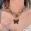 Vintge Butterfly Pearl  Necklace Beaded Women Collarbone Chain Chain Tassel Necklace  Women