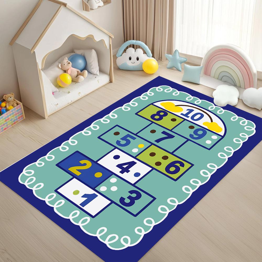 Kids Educational Area Rug Alphabet Number Cartoon Animal Patterns Soft Carpet for Children's Room Playroom Carpet Non Slip Blue