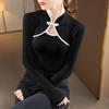 Autumn Winter New Women Pullovers Half High Collar Hollow Out Fashion Retro Buckle Slim Long Sleeve T-shirt Tops