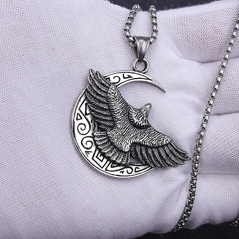 Mond und Fliegender Adler Anhänger Halskette Für Männer Frauen Retro Hiphop Silber Edelstahl Kasten Kette Hippie Schmuck