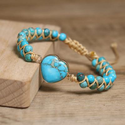 Türkis-Herz Perlenarmband – Goldakzent Boho Schmuck, Liebes-Schutz-Geschenk für Frauen