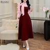 ZANZEA Women Casual Stripe Splice Long Sleeve Elegant Long Dress