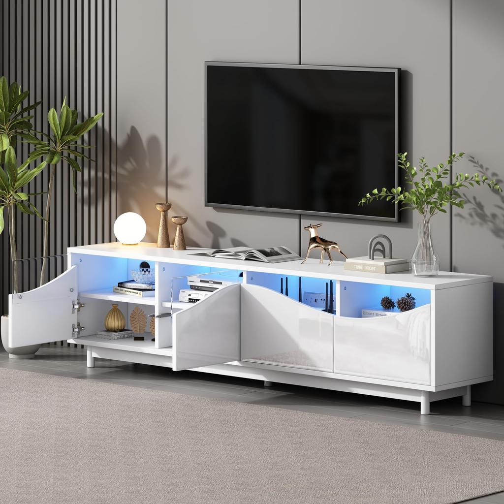 TV Schrank TV Lowboard Hochglanz Weiß 70 Zoll Fernseher, TV Ständer 4 Türen, Schranktür aus gehärtetem Glas, TV Möbel Wohnzimmer Schlafzimmer