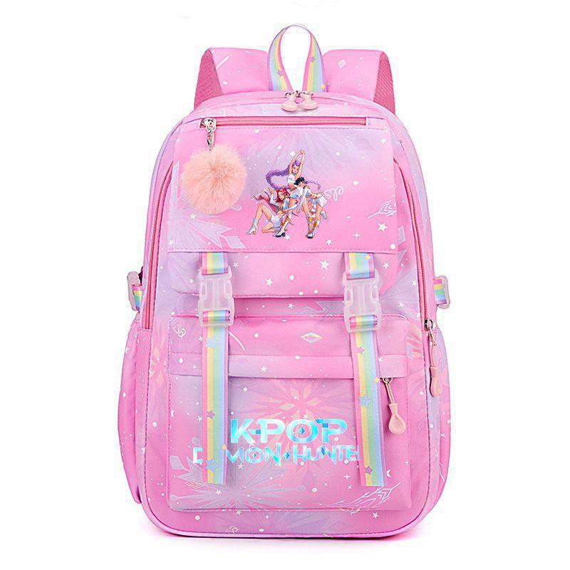 Korean Style School Backpack Teenagers Large Capacity Nylon Bookbag With Padded Straps Cartoon Print Unisex Student Bag