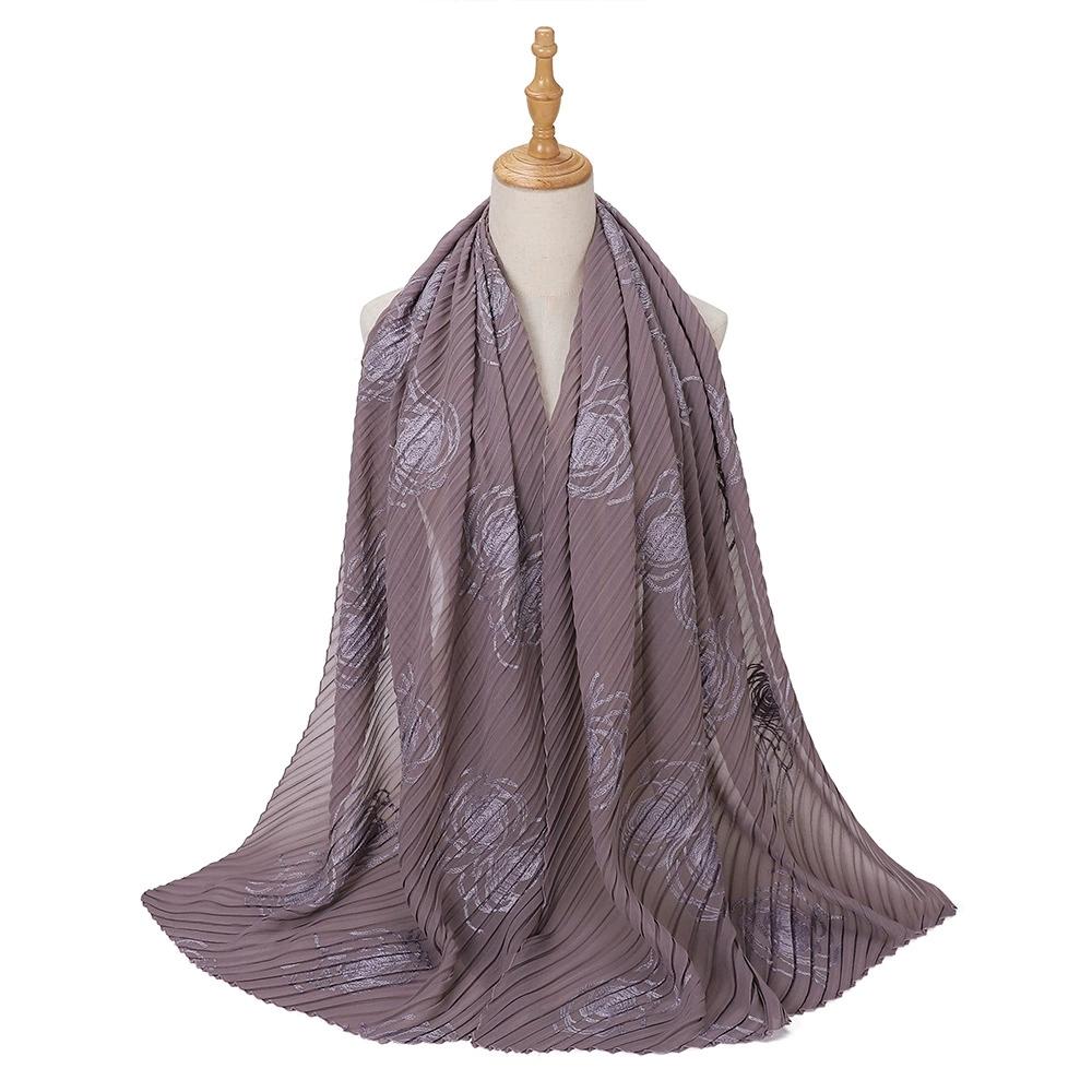 Women Pearl Chiffon Pleated Chiffon Hijab Scarf Islamic Clothing Headscarves Flower Shawls Headwraps For Ladies 70*165Cm
