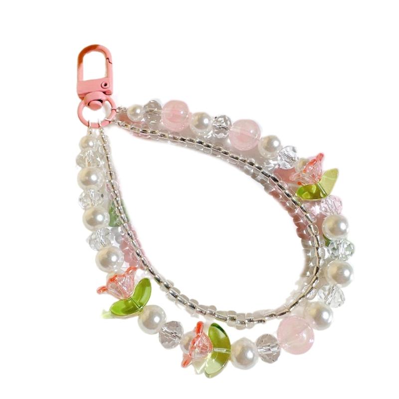 Double Layer Flower Beaded Pendant Phone Charm Hanging Rope Cute Phone Chain Strap Bag Decoration Keychain Accessories