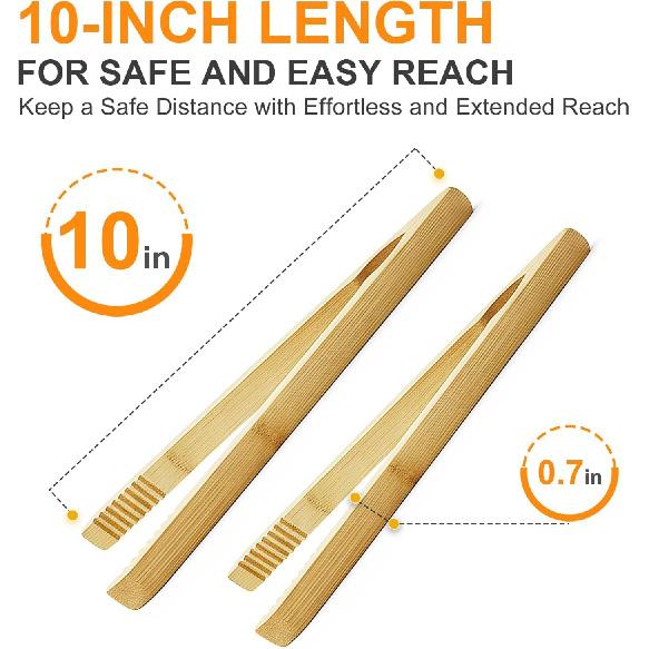 2 Pack Premium Bamboo Toaster Tongs, 10 Inches Natural Wooden Tongs with Serrated Tips for a Secure Grip On Toast, Bagels, Pastries, and Salads,