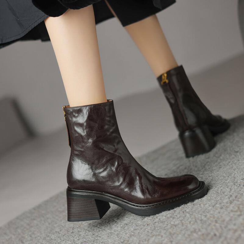 Automne Vintage Talon Épais Femmes Bottines Mode Fermetures Éclair Arrière Chaussures Dames Élégantes Bout Carré Mordern Bottines Courtes