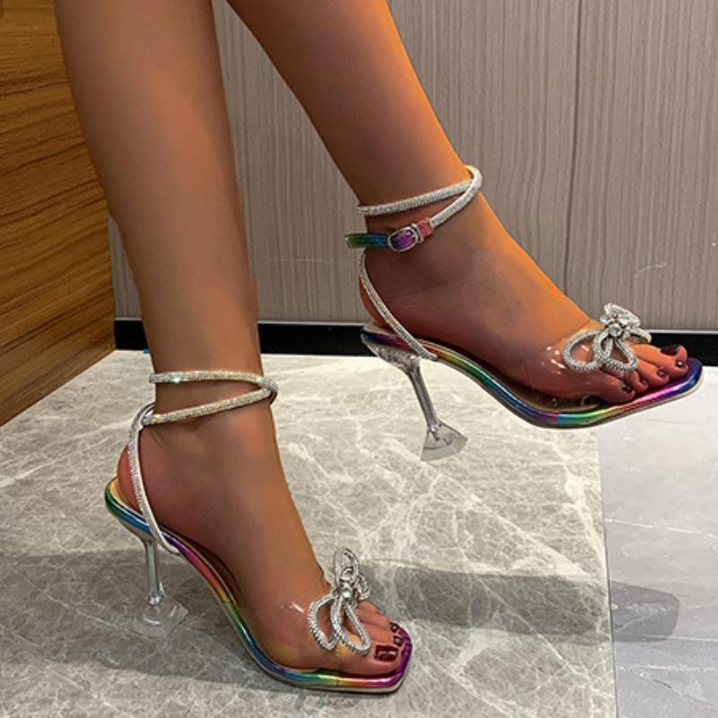 2025 New Sexy Rhinestone Bowknot Women's Sandals Jelly Transparent High Heels Summer Ankle Buckle Strap Party Shoe