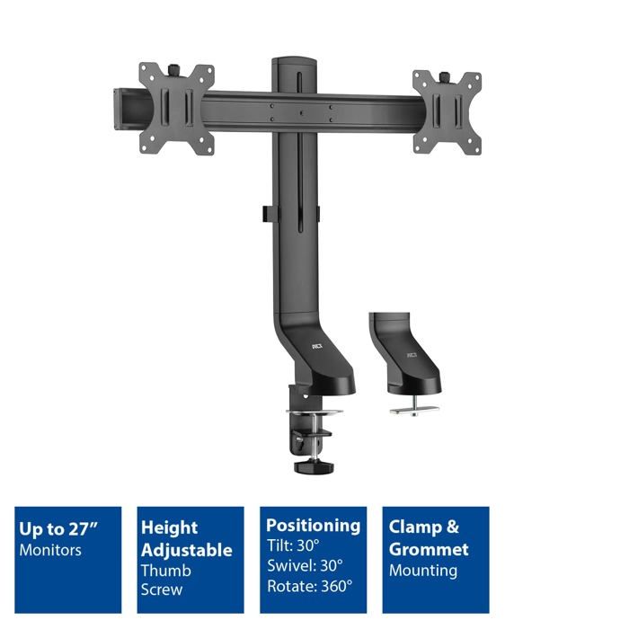 Support écran - ACT - AC8322 - Fixation pour 2 écrans jusqu'à 27'' - Réglable en hauteur - Noir