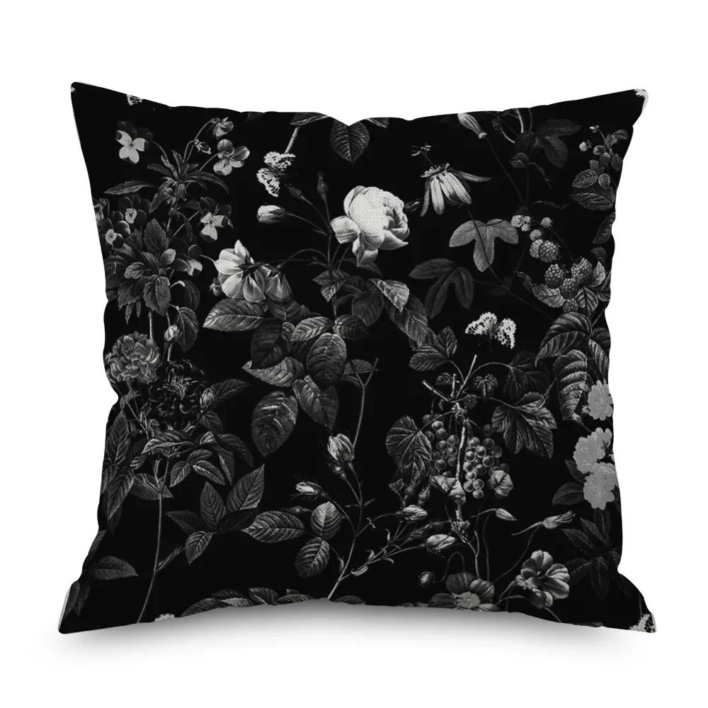 Vintage Floral Leinen Kissenbezug Schwarze Nacht Rose Kissenbezüge Dekorativ Interieur für Heimdeko Kissenhülle für Schlafzimmer 45x45