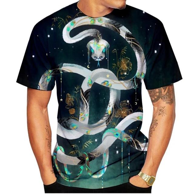 Summer Round Neck 3D Animal Snake Pattern Print Top Fashionable Casual Short Sleeved Men's T-shirts