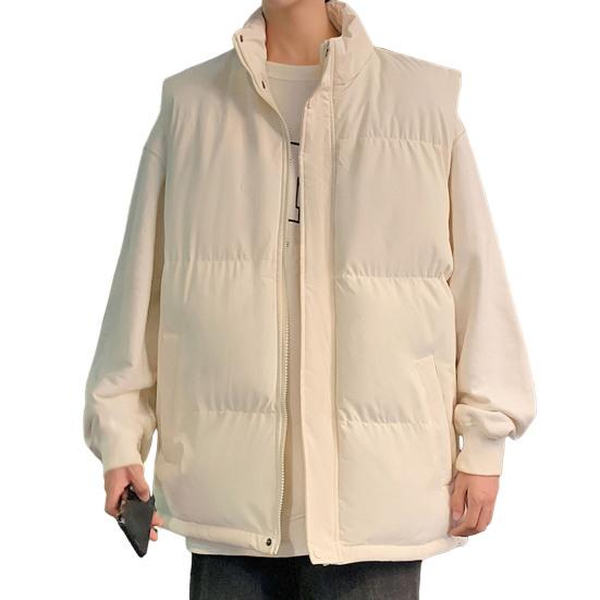 Men Cotton Waistcoat Stand Collar Sleeveless Pockets Quilted Vest Coat Solid Color
